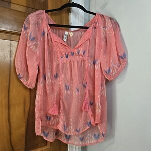 Mudd Coral Boho Sheer Blouse with Blue Accents Sz L